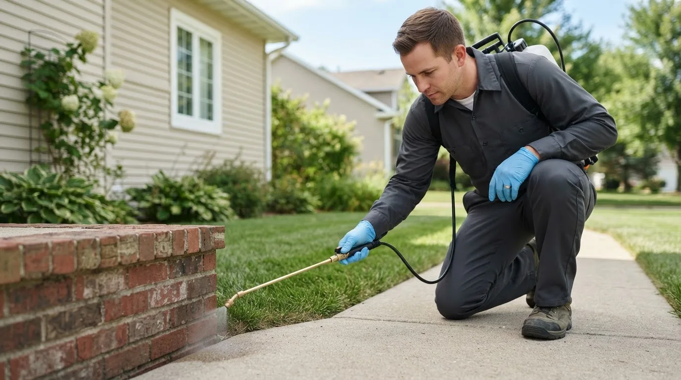 Pest control technician treating a home near Lakewood, WA